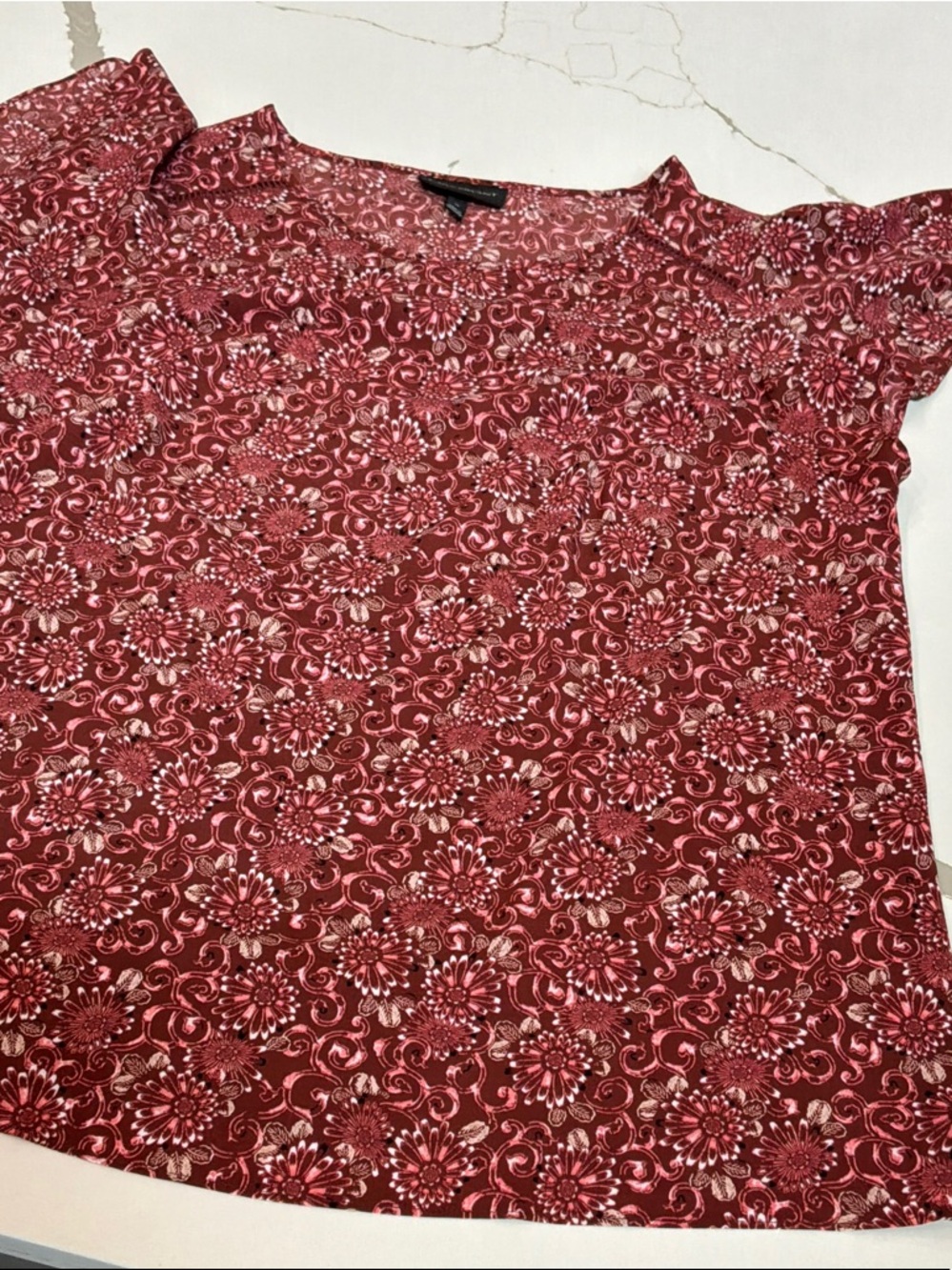 Lane Bryant Burgundy Floral Short-Sleeve Blouse Size 14 Flare Sleeve Peekaboo